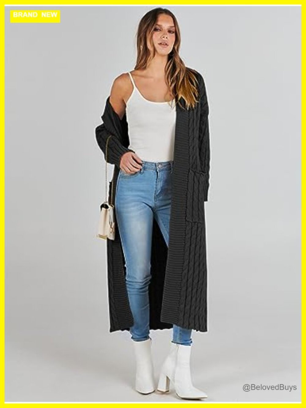 Open Front Cable Knit Long Cardigan Sweater Coat with Pockets - Picture 2 of 6